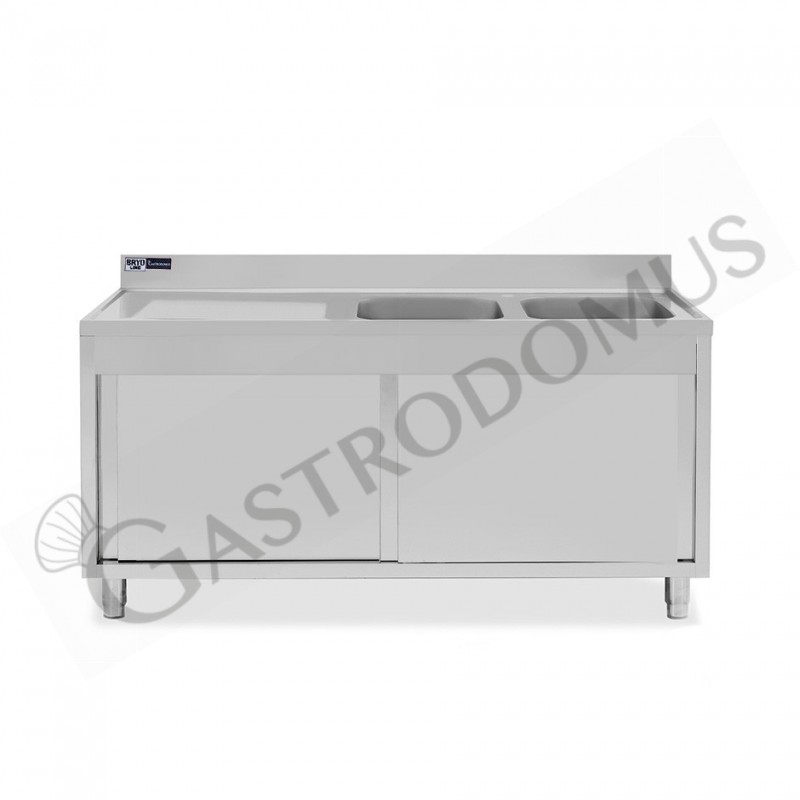 Lavello armadiato con porte scorrevoli,2 vasche,gocciolatoio a sinistra,L 1600 x P 700 x H 965 mm - con foro rubinetto Ø 32 mm