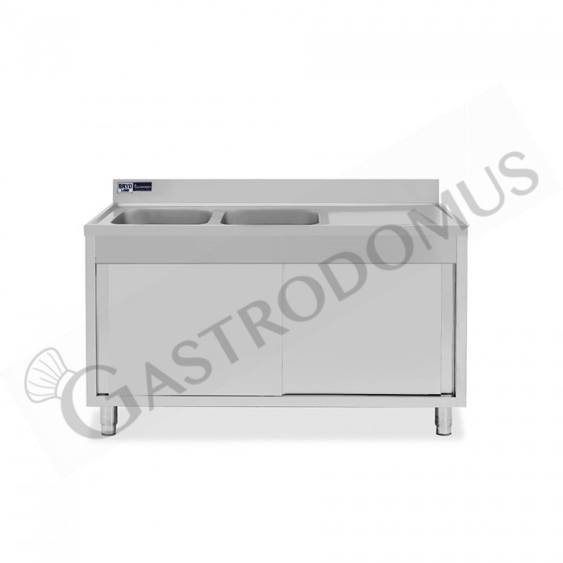 Lavello armadiato con porte scorrevoli,2 vasche,gocciolatoio a destra,L 1400 x P 600 x H 965 mm - con foro rubinetto Ø 32 mm