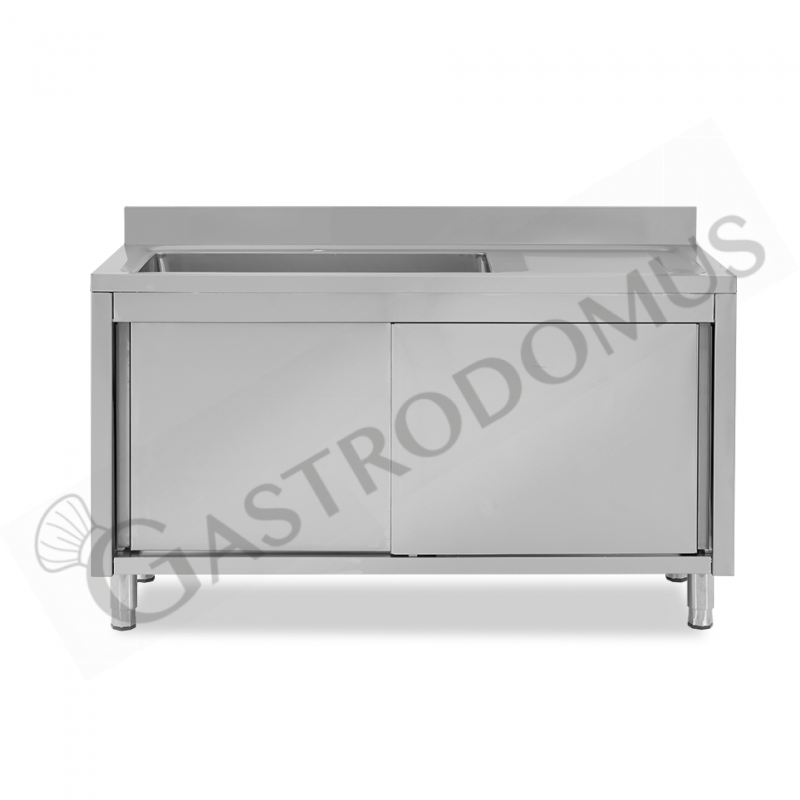 Lavello inox armadiato con porte scorrevoli,1vasca,gocciolatoio a destra,alzatina,L1600xP700xH965mm-con foro rubinetto Ø 32 mm