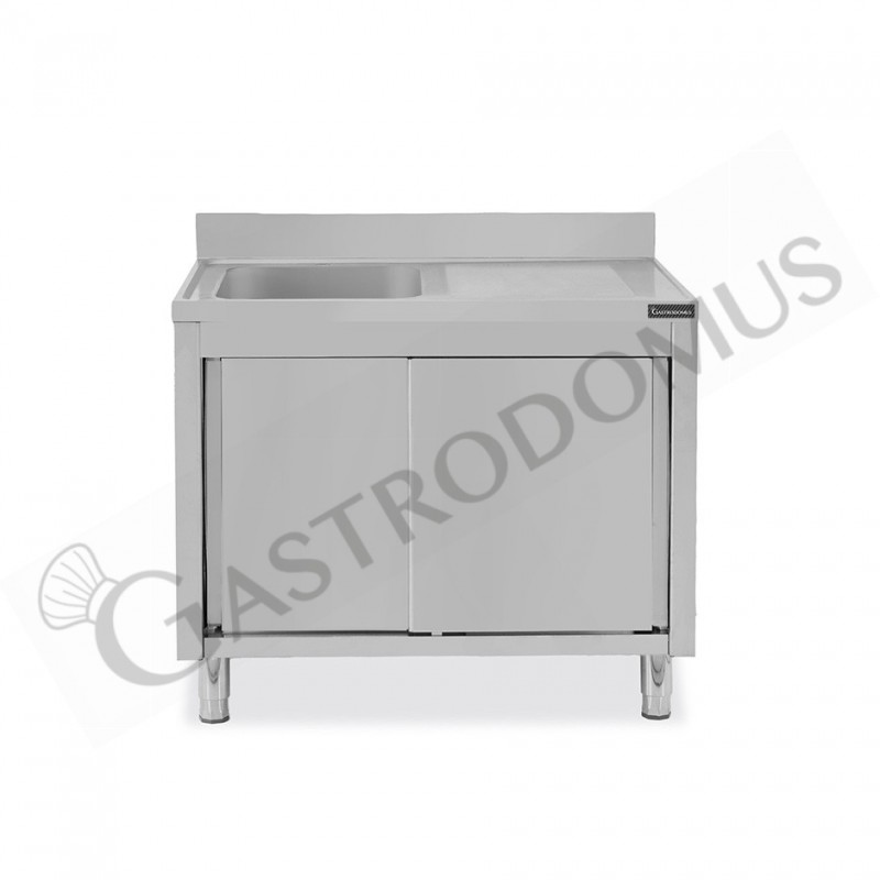 Lavello inox armadiato con porte scorrevoli,1 vasca,gocciolatoio a destra,alzatina,L1100xP600xH950mm