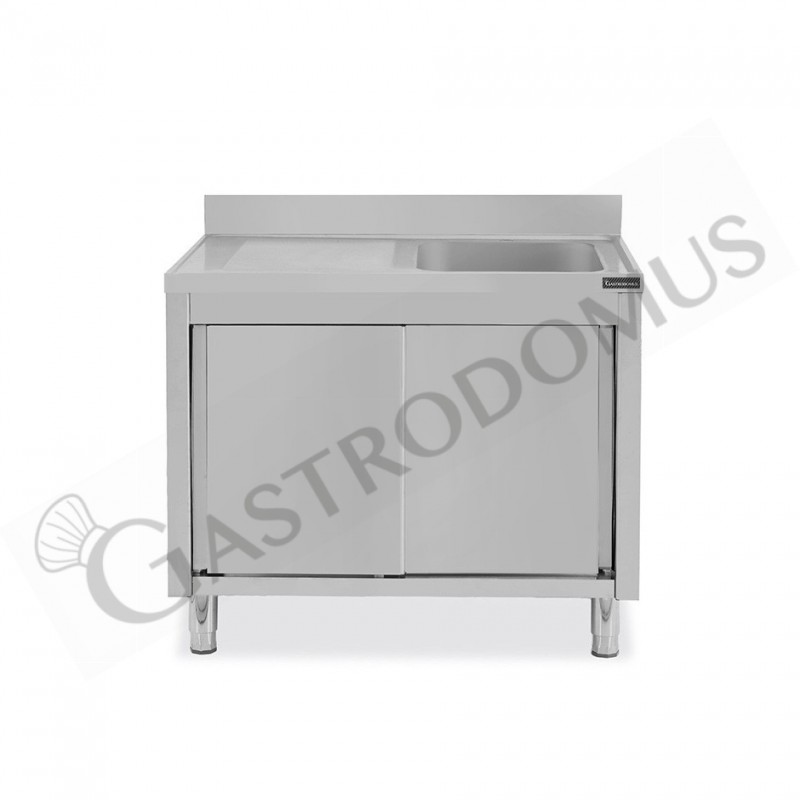 Lavello inox armadiato con porte scorrevoli,1 vasca,gocciolatoio a sinistra,alzatina,L1000xP600xH950mm