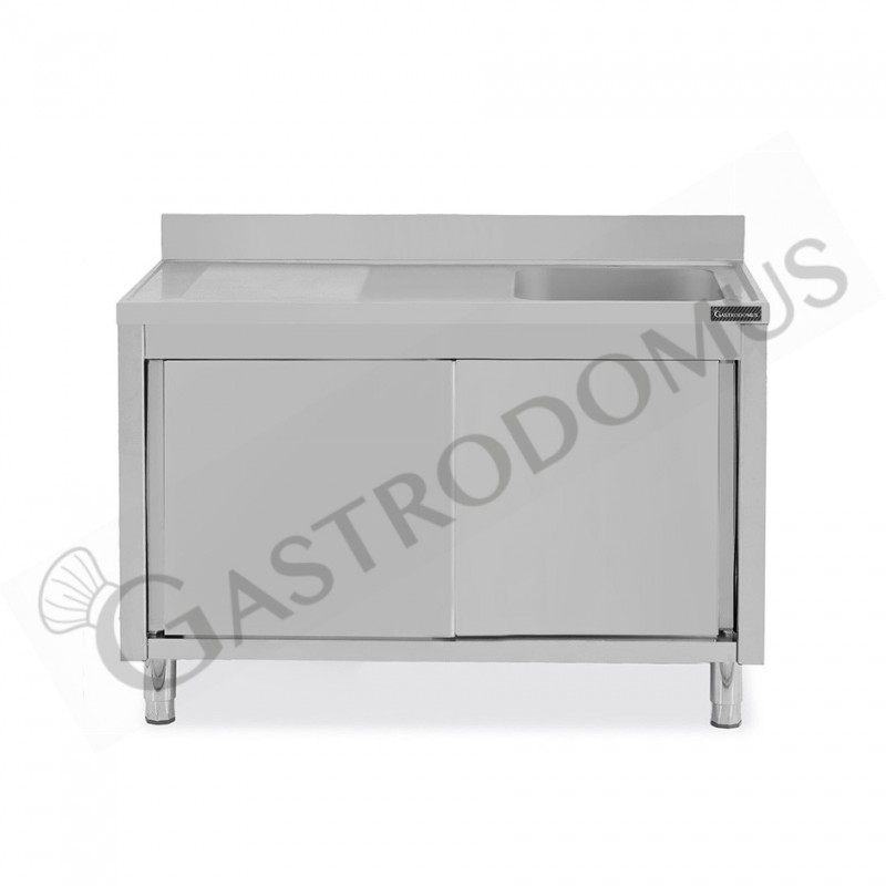 Lavello inox armadiato con porte scorrevoli,1 vasca,gocciolatoio a sinistra,alzatina,L1400xP600xH950mm