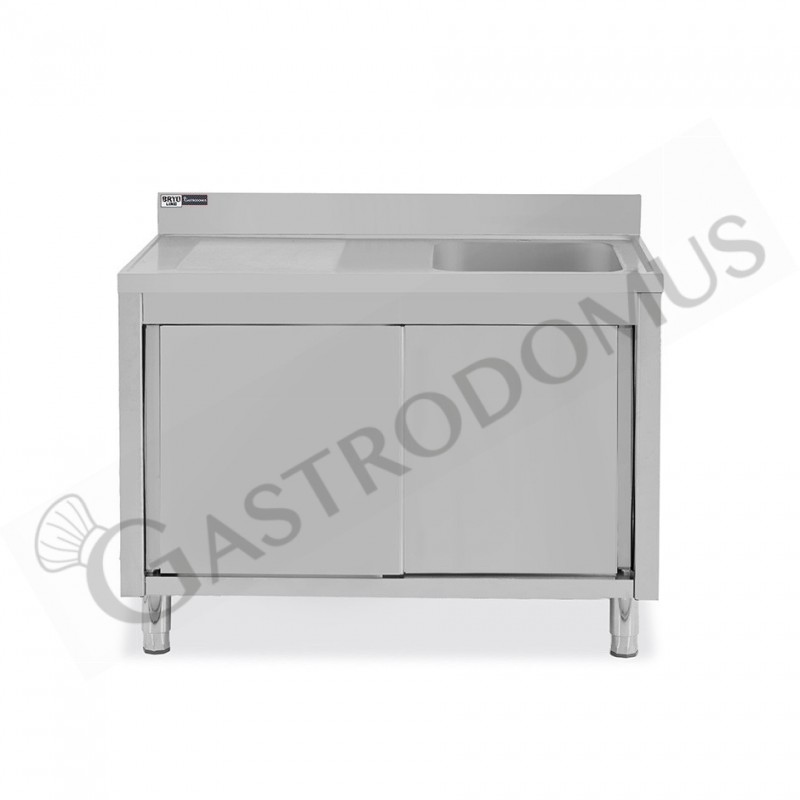 Lavello inox armadiato con porte scorrevoli,1vasca,gocciolatoio a sinistra,alzatina,L1200xP600xH965mm-con foro rubinetto Ø 32 mm