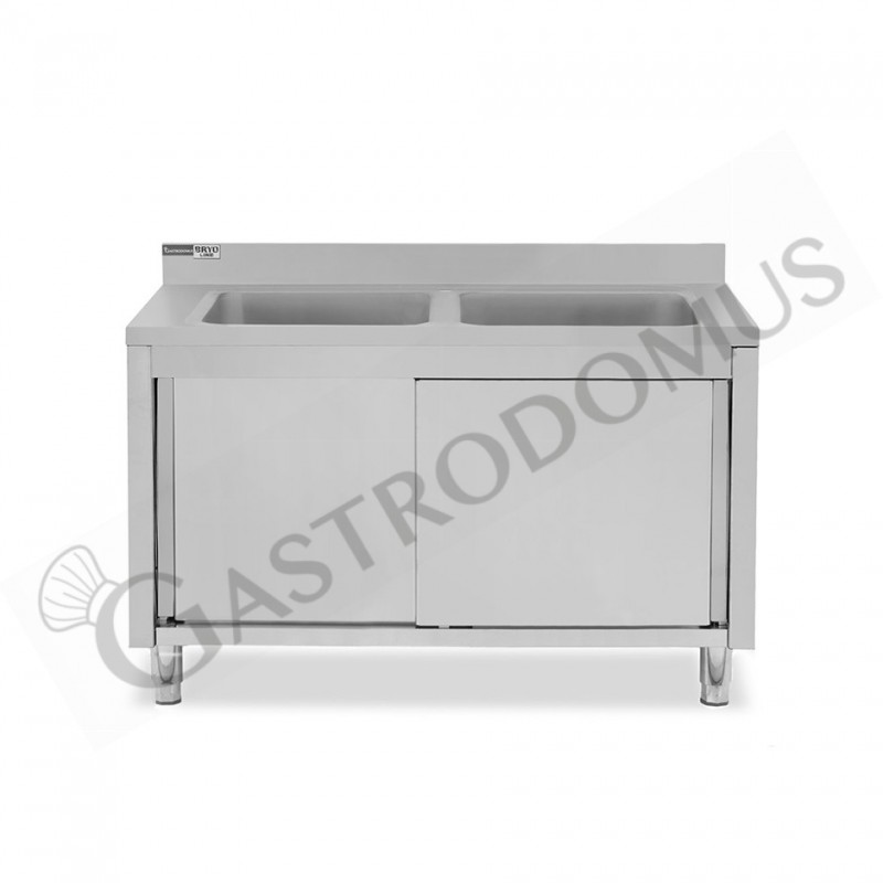 Lavello armadiato con porte scorrevoli, 2 vasche, alzatina, L 1400 mm x P 700 mm x H 965 mm - con foro rubinetto Ø 32 mm