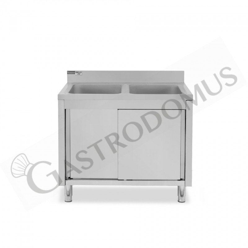 Lavello inox armadiato con porte scorrevoli, 2 vasche, alzatina, L 1000 mm x P 600 mm x H 965 mm - con foro rubinetto Ø 32 mm