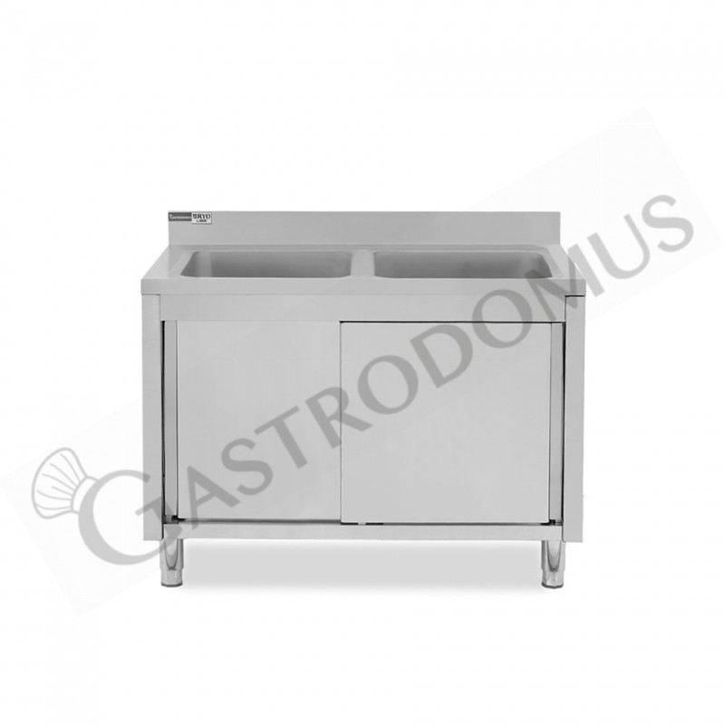 Lavello armadiato con porte scorrevoli, 2 vasche, alzatina, L 1200 mm x P 600 mm x H 965 mm - con foro rubinetto Ø 32 mm