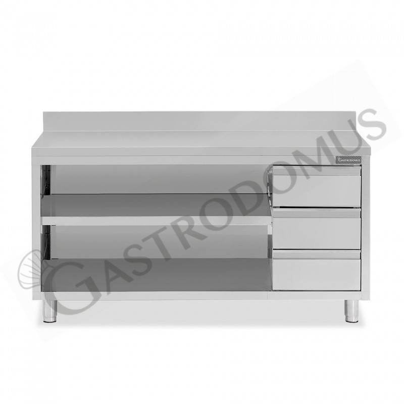 Tavolo a giorno in acciaio inox,3 cassetti a destra, alzatina, L 2100 mm x P 700 mm x H 950 mm