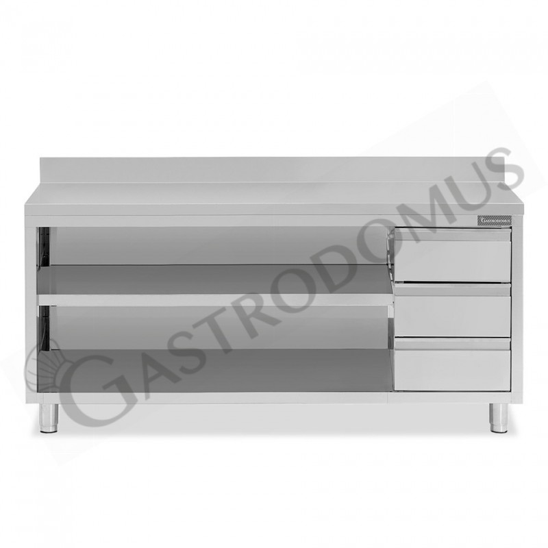 Tavolo a giorno in acciaio inox,3 cassetti a destra, alzatina, L 2200 mm x P600 mm x H 950 mm