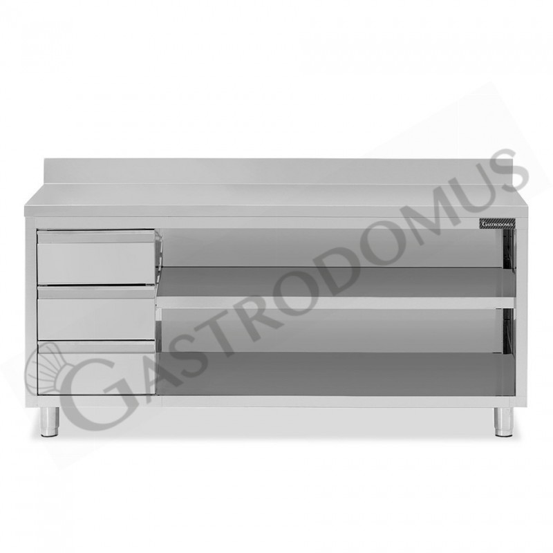 Tavolo a giorno in acciaio inox,3 cassetti a sinistra, alzatina, L 2200 mm x P 700 mm x H 950 mm