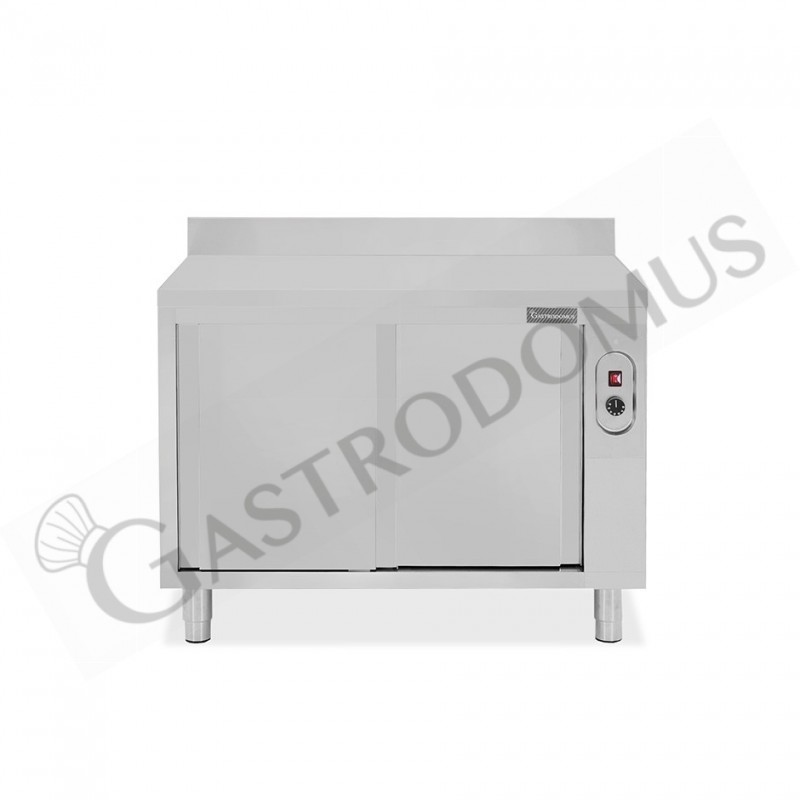 Tavolo caldo in acciaio inox porte scorrevoli, alzatina, L 1100 x P 600 x H 950 mm