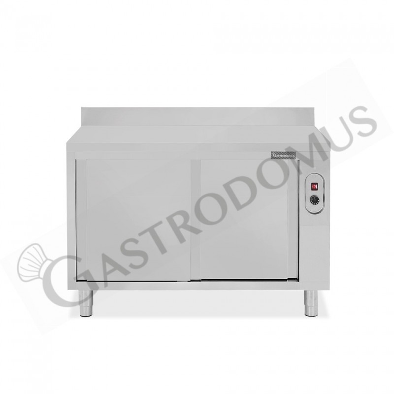 Tavolo caldo in acciaio inox porte scorrevoli, alzatina, L 1200 x P 600 x H 950 mm