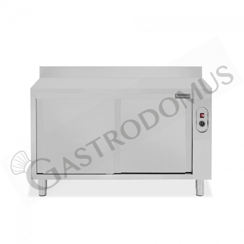 Tavolo caldo in acciaio inox con porte scorrevoli, alzatina L 1400 mm x P 600 mm x H 950 mm