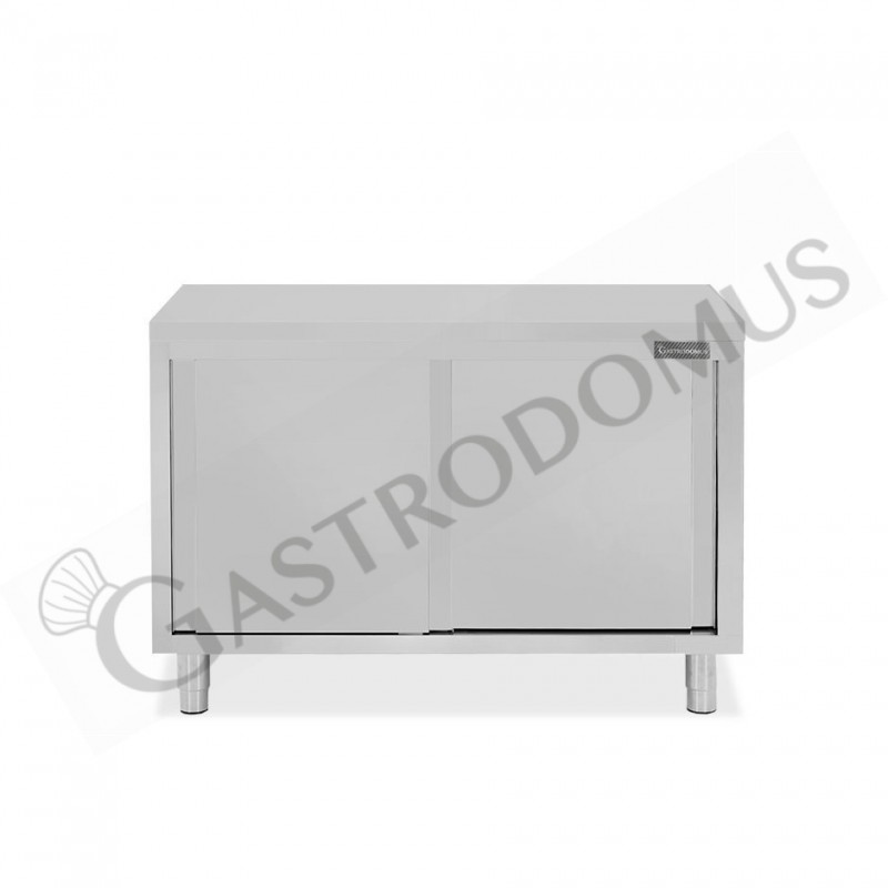 Tavolo armadiato passante in acciaio inox con porte scorrevoli, L 1200 mm x P 800 mm x H 850 mm