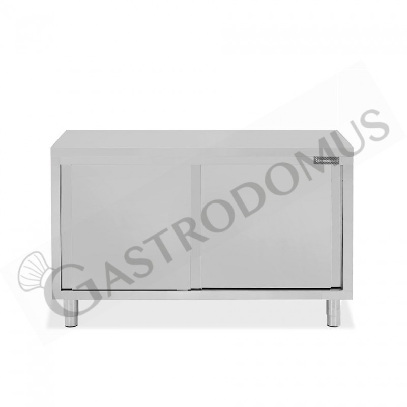 Tavolo armadiato passante in acciaio inox con porte scorrevoli, L 1400 mm x P 800 mm x H 850 mm