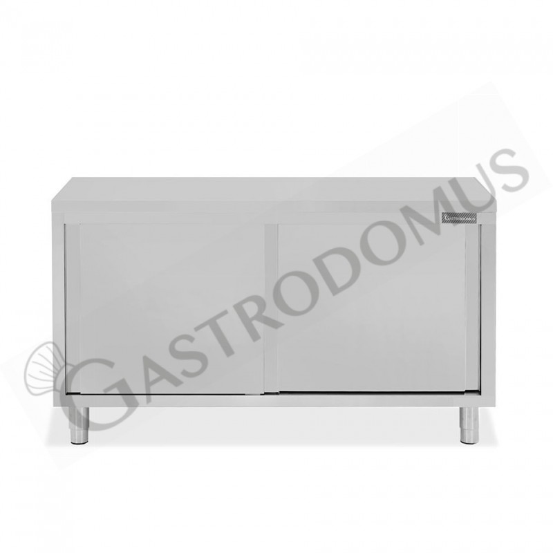 Tavolo armadiato passante in acciaio inox con porte scorrevoli, L 1600 mm x P 800 mm x H 850 mm