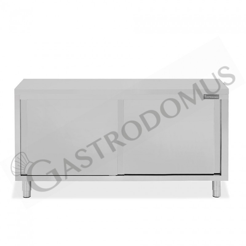 Tavolo armadiato passante in acciaio inox con porte scorrevoli, L 1800 mm x P 800 mm x H 850 mm