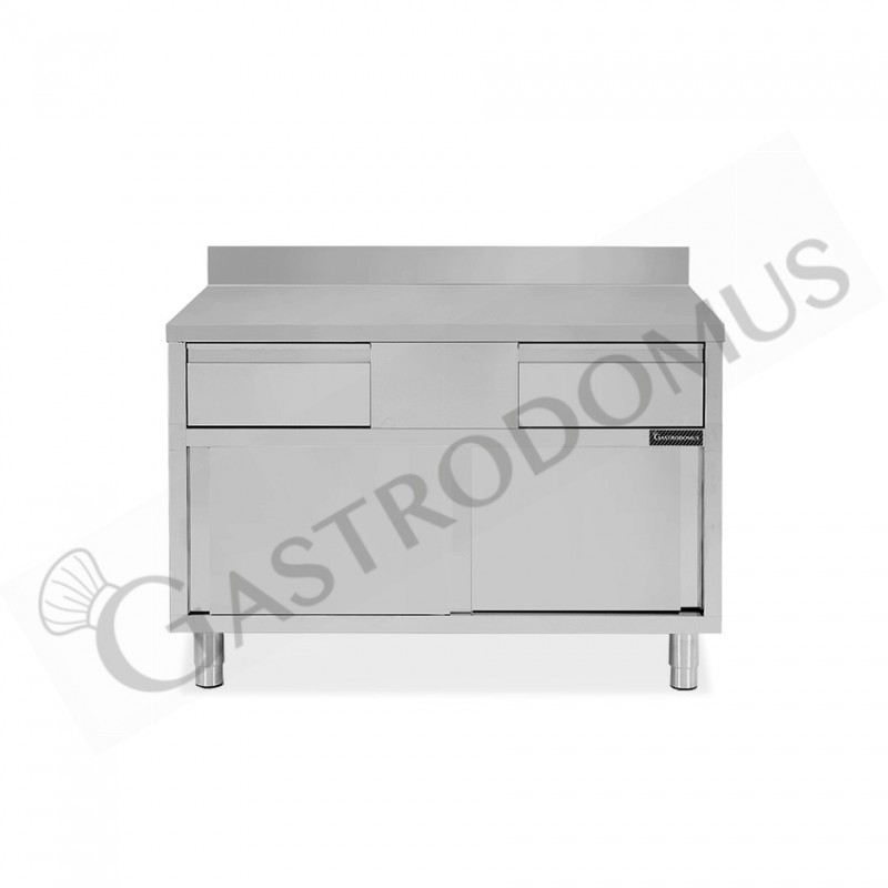 Tavolo armadiato acciaio INOX, 2 porte scorrevoli, 2 cassetti, alzatina, L1000xP700xH950 mm