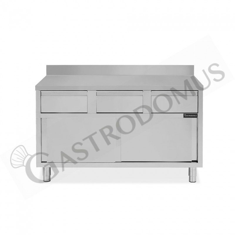 Tavolo armadiato acciaio INOX, 2 porte scorrevoli, 3 cassetti, alzatina, L1400xP700xH950 mm