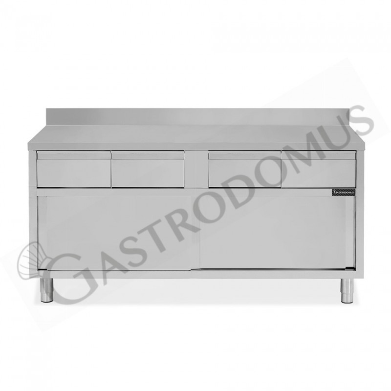 Tavolo armadiato acciaio INOX, 2 porte scorrevoli, 4 cassetti, alzatina, L1800xP700xH950 mm