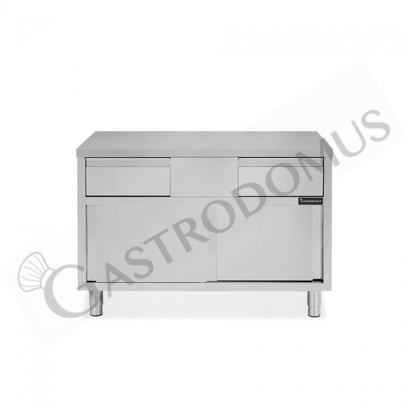 Tavolo armadiato in acciaio INOX, 2 porte scorrevoli, 2 cassetti, L1000xP700xH850 mm