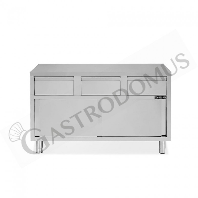 Tavolo armadiato in acciaio INOX, 2 porte scorrevoli, 3 cassetti, L1400xP600xH850 mm