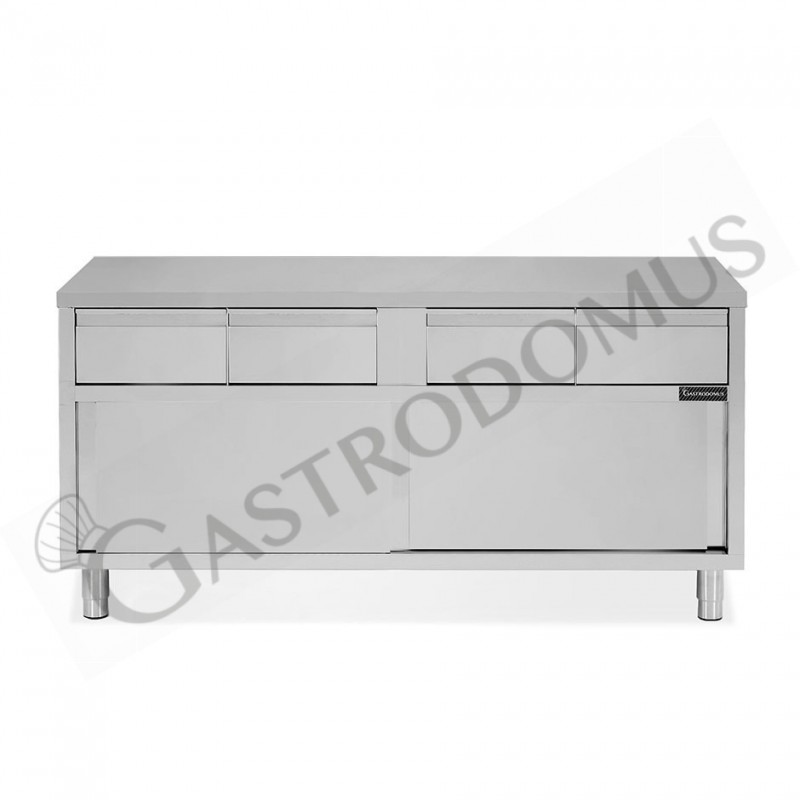 Tavolo armadiato in acciaio INOX, 2 porte scorrevoli, 4 cassetti, L1800xP600xH850 mm