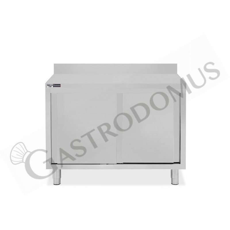 Tavolo inox armadiato con 2 porte scorrevoli e alzatina, L 1000 mm x P 600 mm x H 950 mm