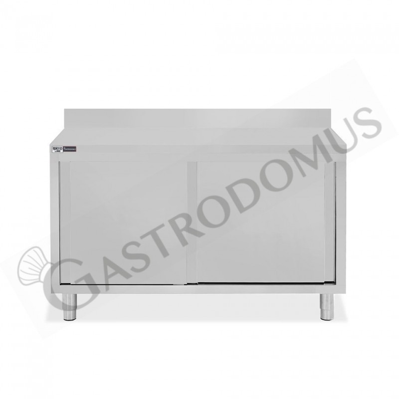 Tavolo inox armadiato con 2 porte scorrevoli e alzatina, L 1300 mm x P 800 mm x H 950 mm