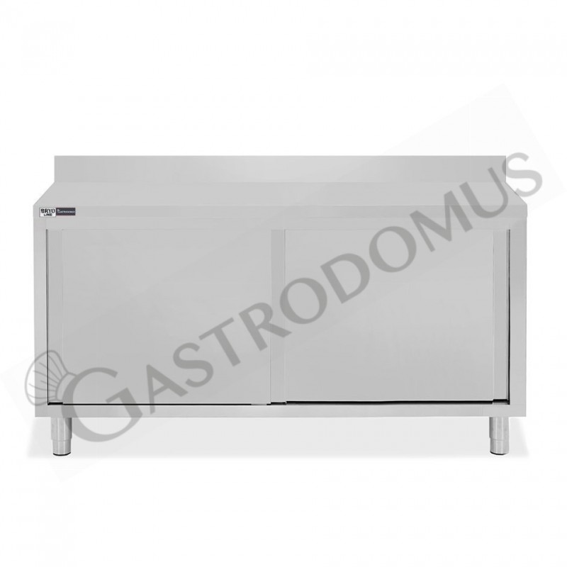 Tavolo inox armadiato con 2 porte scorrevoli e alzatina, L 1700 mm x P 800 mm x H 950 mm