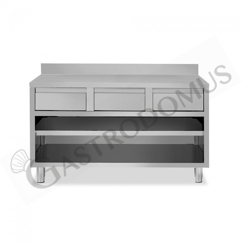 Tavolo a giorno in acciaio inox con 3 cassetti, alzatina, L 1400 mm x P 600 mm x H 950 mm