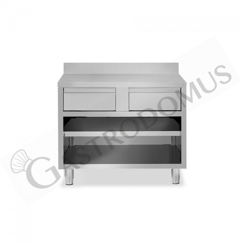 Tavolo a giorno in acciaio inox con 2 cassetti, alzatina, L 1000 mm x P 700 mm x H 950 mm