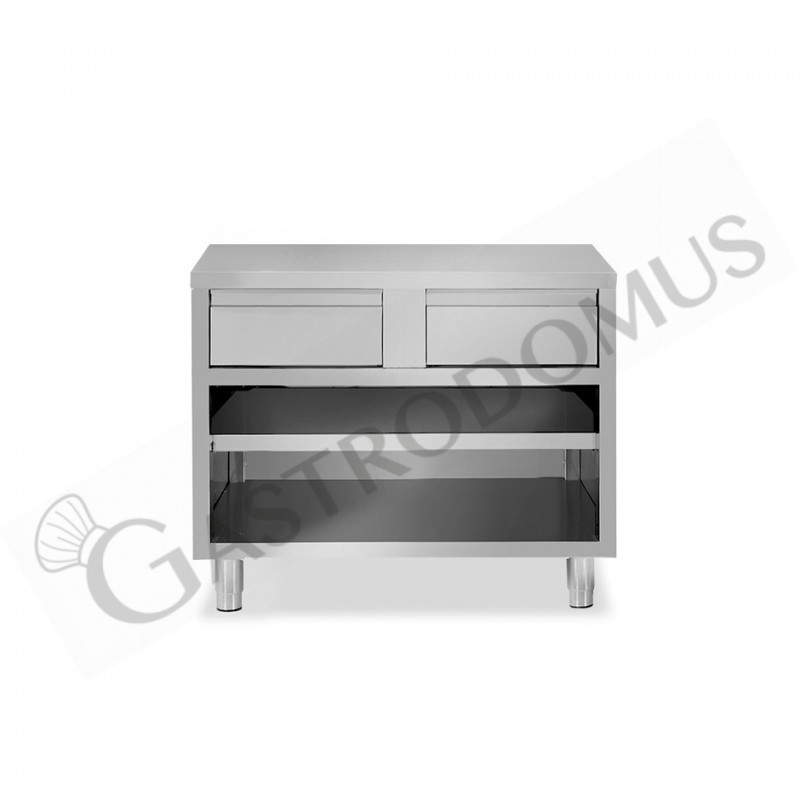 Tavolo a giorno in acciaio inox con 2 cassetti, L 1000 mm x P 700 mm x H 850 mm