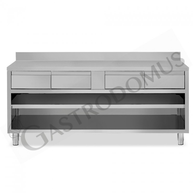 Tavolo a giorno in acciaio inox con 4 cassetti, alzatina, L 1800 mm x P 600 mm x H 950 mm