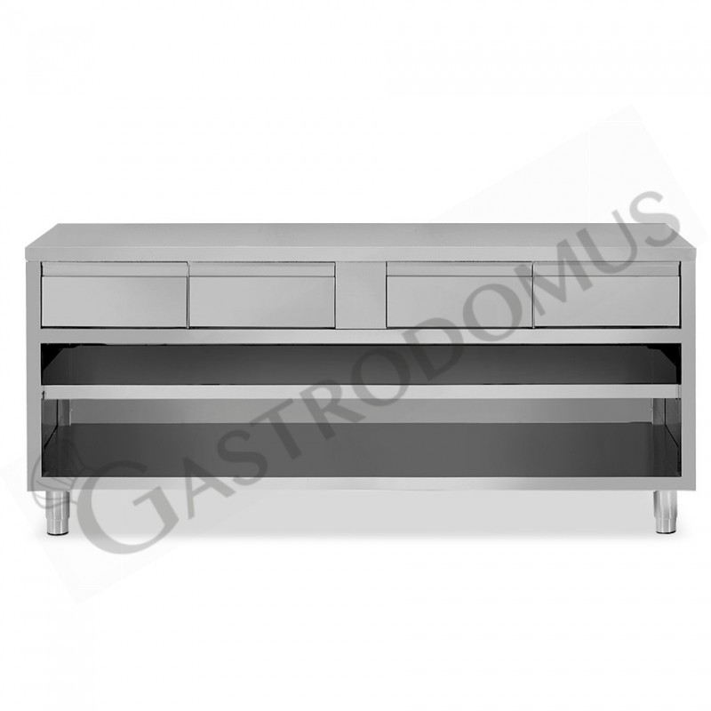 Tavolo a giorno in acciaio inox con 4 cassetti, L 1800 mm x P 600 mm x H 850 mm