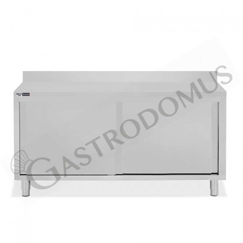 Tavolo armadiato in acciaio inox 2 porte scorrevoli, alzatina, L 2000 mm x P 600 mm x H 950 mm