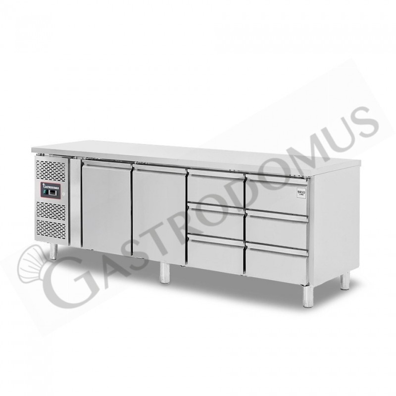 Tavolo refrigerato 6 cassetti 2 porte 700 mm -2°C/+8°C, motore a sinistra