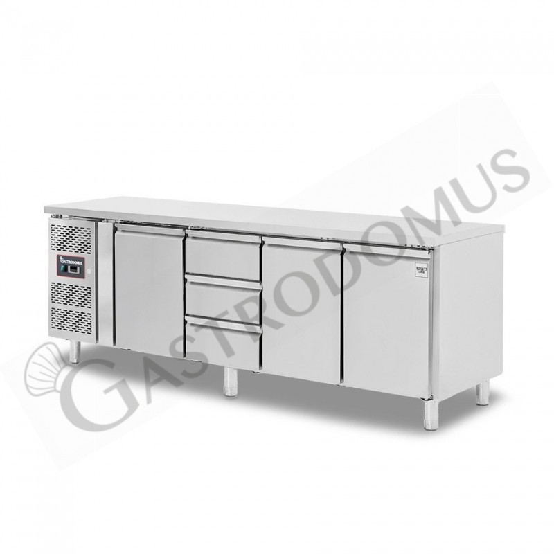 Tavolo refrigerato 3 cassetti 3 porte 700 mm -2°C/+8°C, motore a sinistra