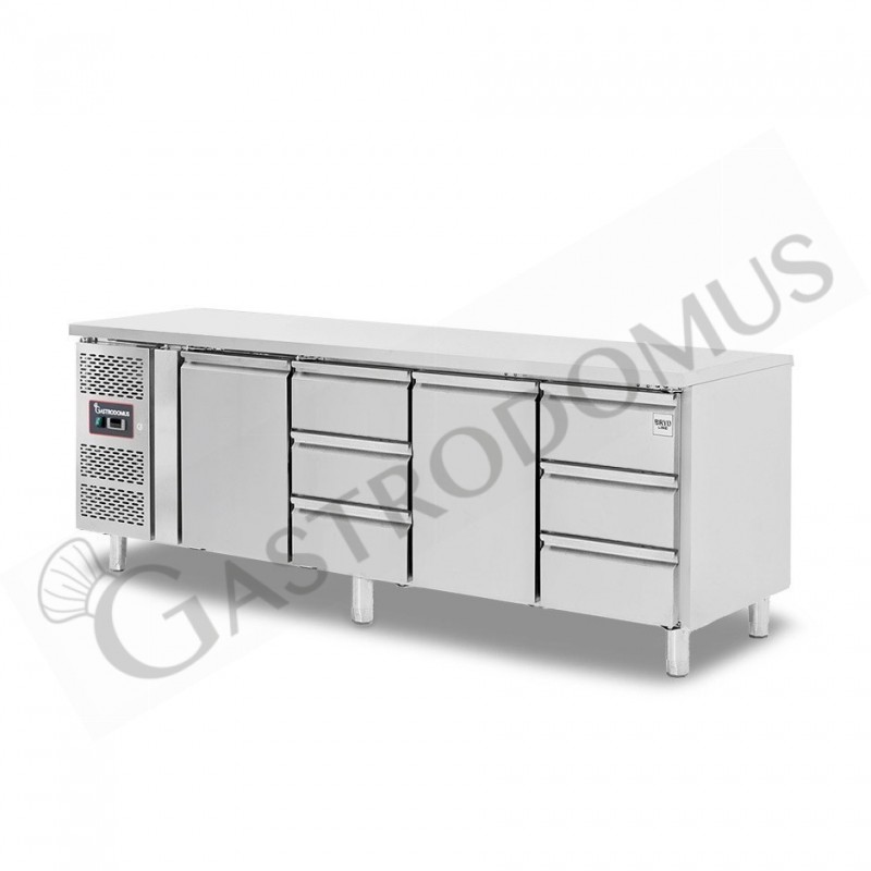 Tavolo refrigerato 6 cassetti 2 porte 700 mm -2°C/+8°C,motore a sinistra