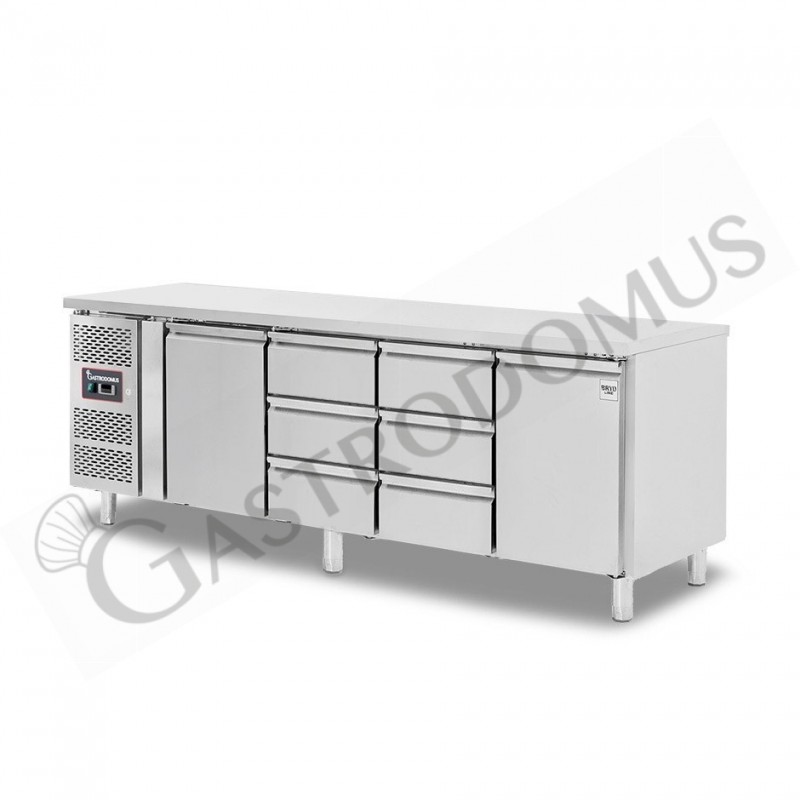 Tavolo refrigerato 6 cassetti 2 porte 700 mm -2°C/+8°C, motore a sinistra