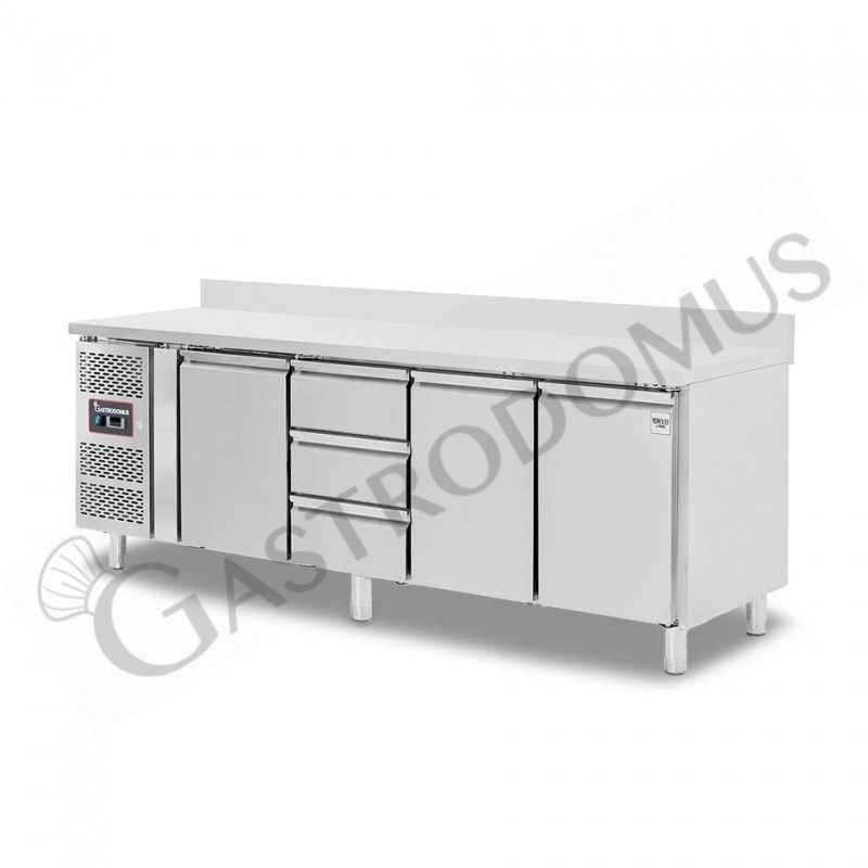 Tavolo refrigerato 3 cassetti 3 porte 700 mm -2°C/+8°C alzatina, motore a sinistra