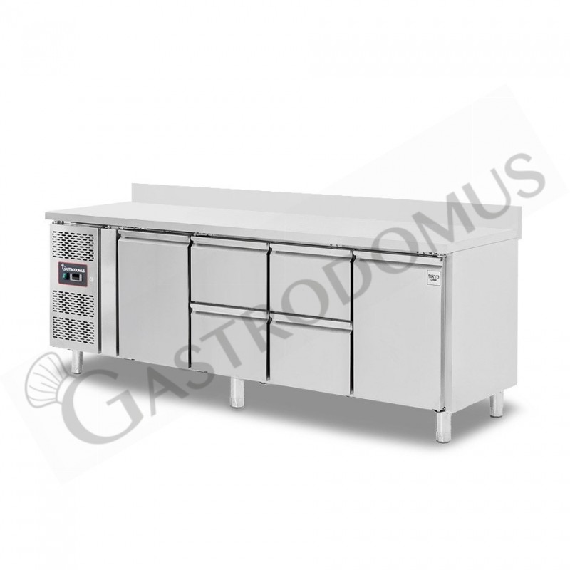 Tavolo Refrigerato 4 cassetti 2 porte 700 mm -2°C/+8°C alzatina, motore a sinistra