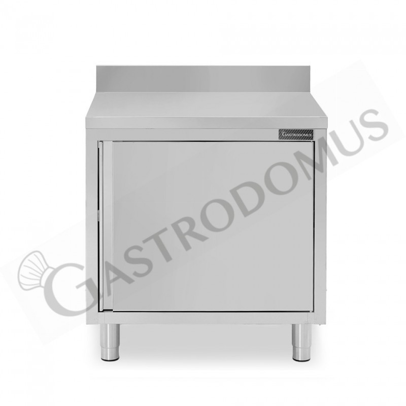 Tavolo armadiato inox con 1 porta battente, alzatina, L 700 mm x P 600 mm x H 950 mm