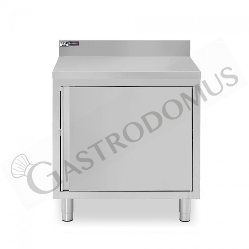 Tavolo armadiato inox con 1 porta battente, alzatina, L 600 mm x P 600 mm x H 950 mm