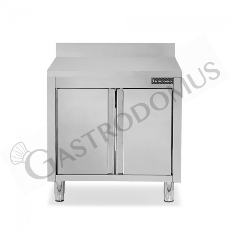 Tavolo armadiato inox con 2 porte battenti, alzatina, L 900 mm x P 600 mm x H 950 mm