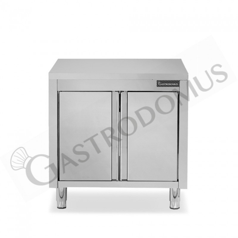 Tavolo inox armadiato con 2 porte battenti, L 900 mm x P 600 mm x H 850 mm