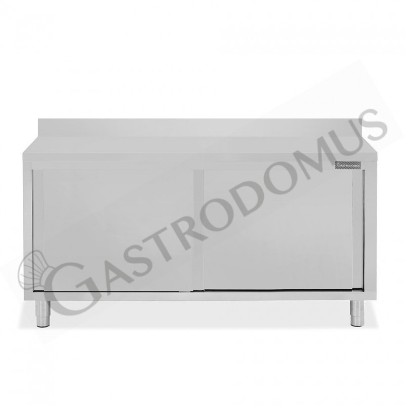 Tavolo armadiato in acciaio inox 2 porte scorrevoli, alzatina, L 2000 mm x P 700 mm x H 950 mm