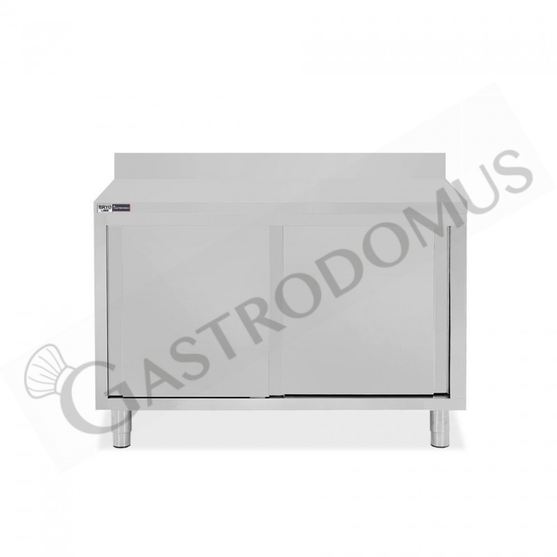 Tavolo inox armadiato con 2 porte scorrevoli e alzatina, L 1200 mm x P 800 mm x H 950 mm