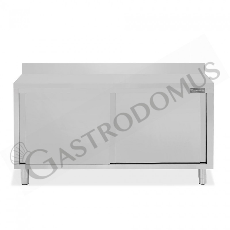 Tavolo inox armadiato con 2 porte scorrevoli e alzatina, L 1600 mm x P 800 mm x H 950 mm