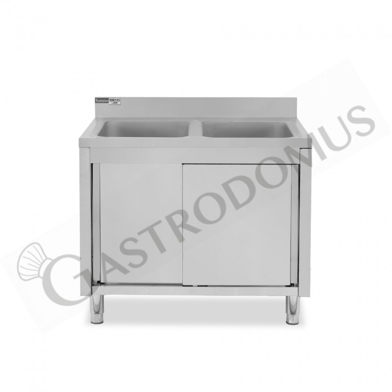 Lavello inox armadiato con porte scorrevoli, 2 vasche, alzatina, L 1200 mm x P 700 mm x H 965 mm - con foro rubinetto Ø 32 mm