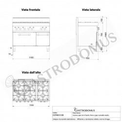 Cucina professionale a gas 6 fuochi forno a gas armadio neutro profondità  650 mm - mod. CCF65/110